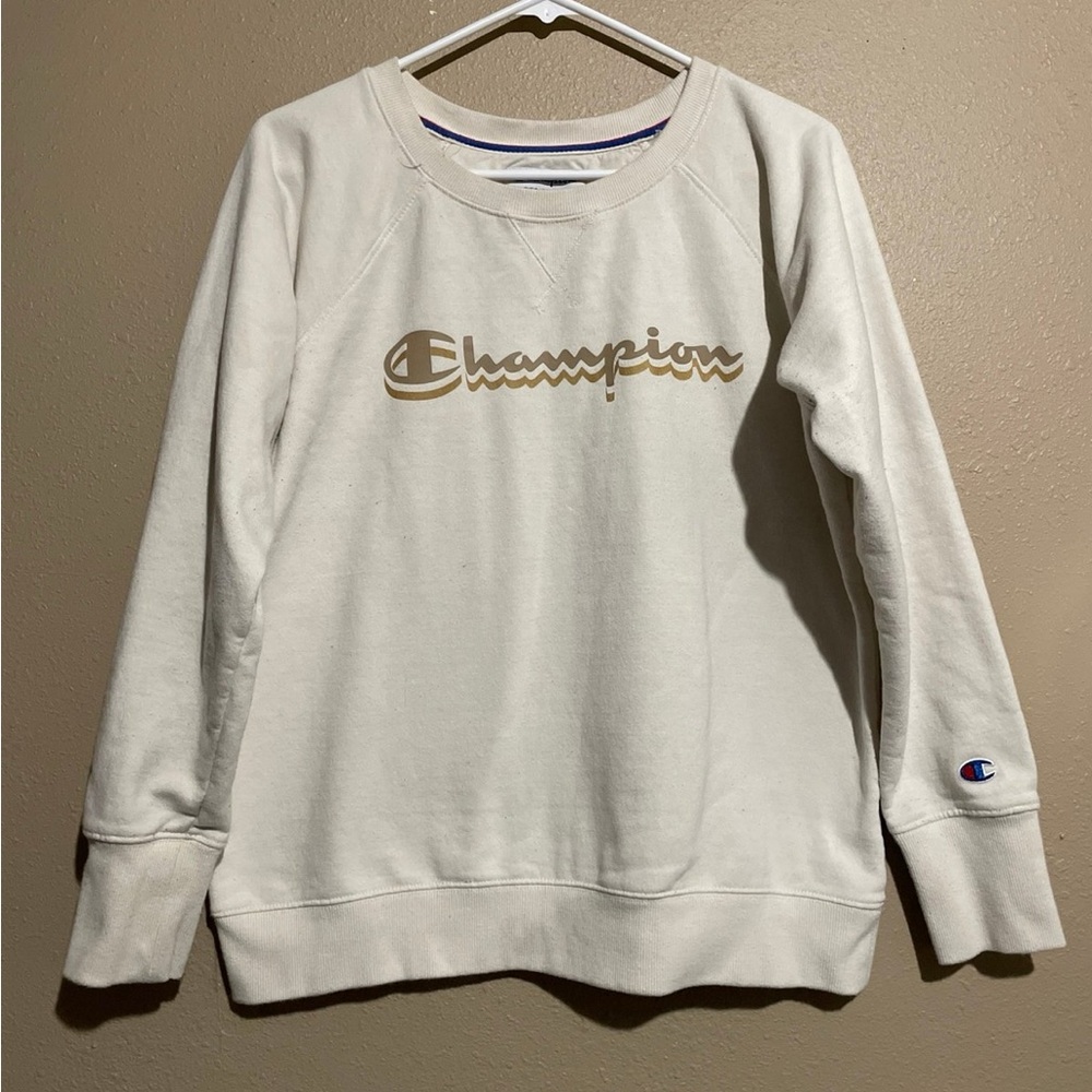 Champion Beige Spellout Graphic Crewneck Pullover Sweatshirt Women’s L